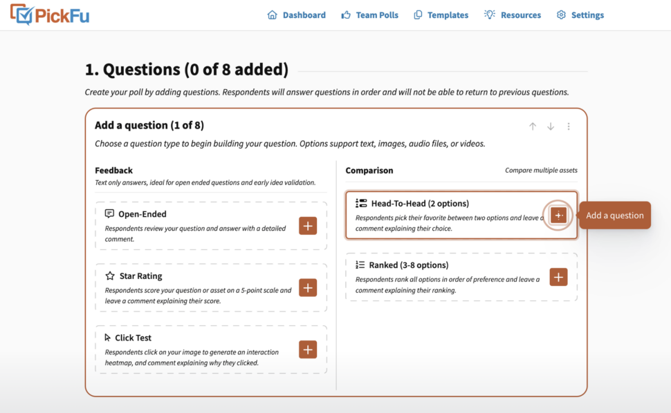 Screenshot of the PickFu multi-question survey builder